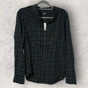 NWT Gap navy plaid ruffle long sleeve button down shirt sz L